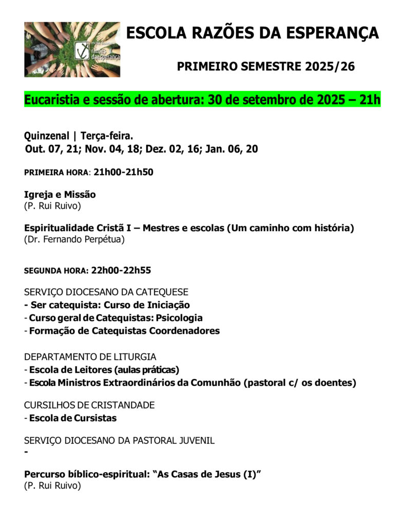 Escola Diocesana Razões da Esperança – Propostas de Formação para o I semestre 2025-26.